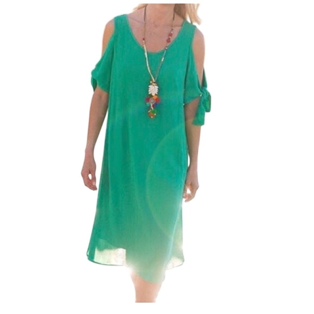 Soft Surroundings Green Cold Shoulder Tie Sleeve Tassel Shift Dress Large Summer